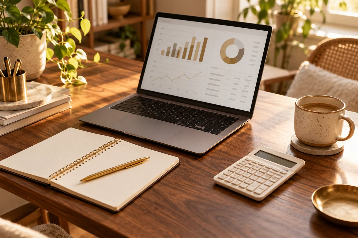 A warm, organized workspace with a laptop, notebook and bookkeeping tools