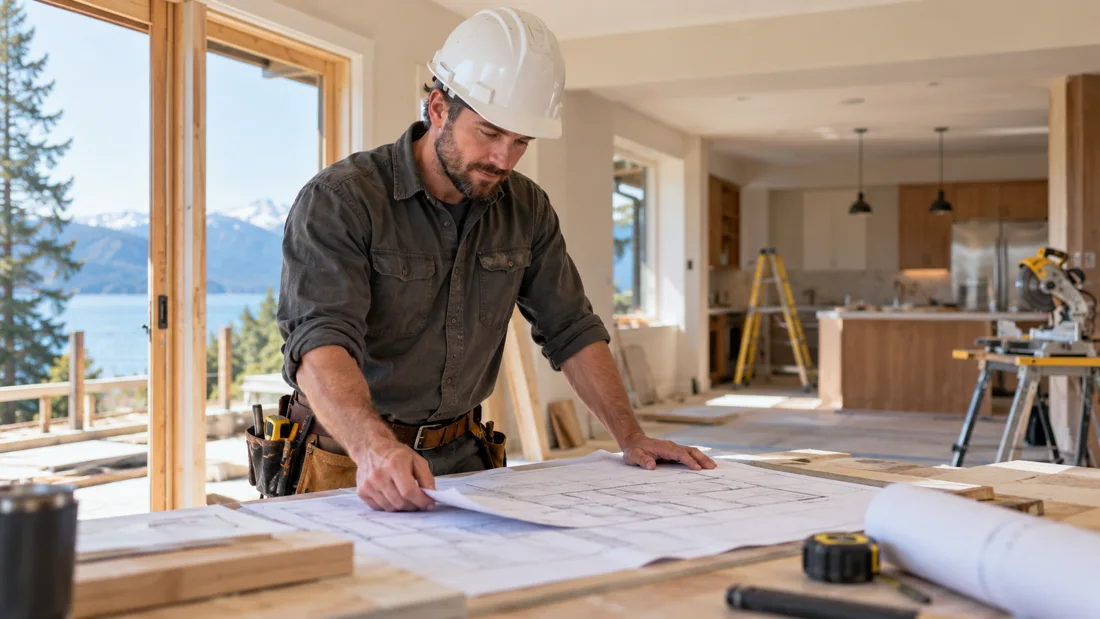 Independent contractor reviewing plans at a residential worksite