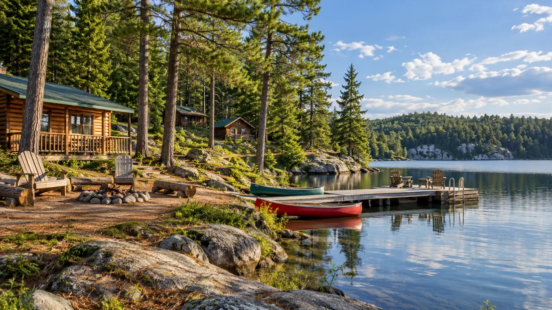 Lakeside summer camp with cabins, canoes and a dock