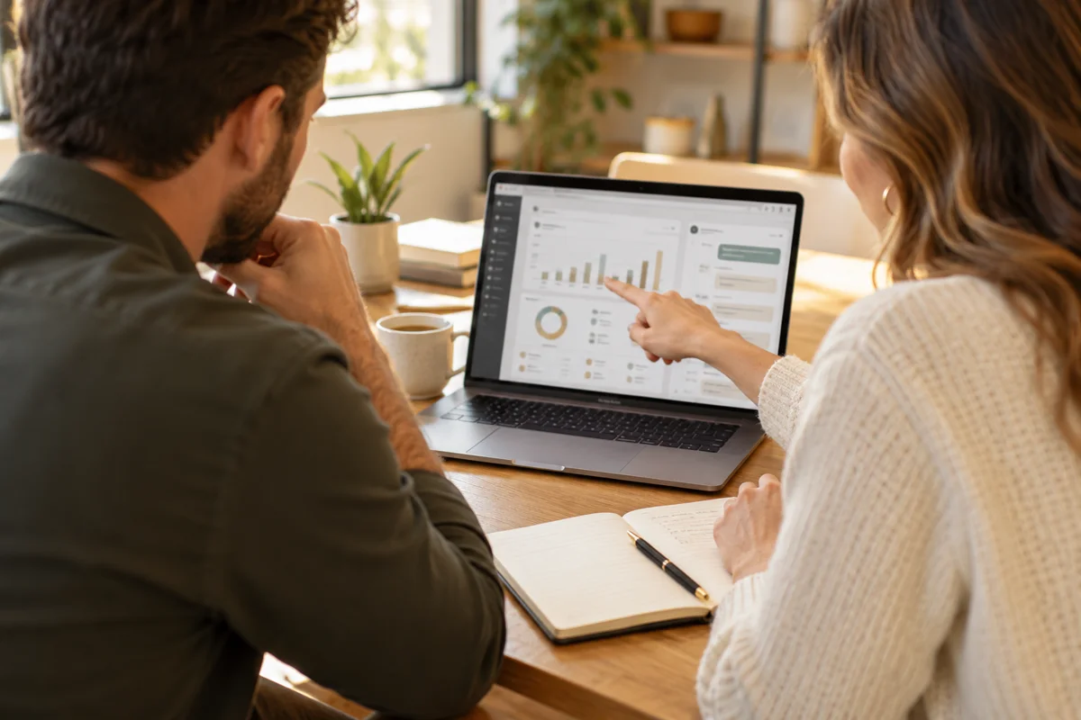 Two professionals exploring modern bookkeeping tools together on a laptop